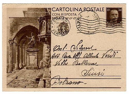 1935 Regno - Cartolina postale II tiratura 30 + 30 c. Statua di Perugia usata