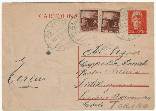 Repubblica italiana - Cartolina Postale 60 c. arancio coppia 1,25 L. Democratica