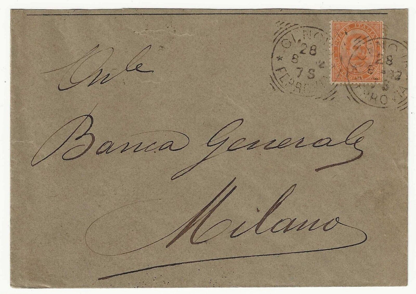 Regno d'Italia - Busta con 20 cent. arancio isolato Umberto I 1879 per Milano