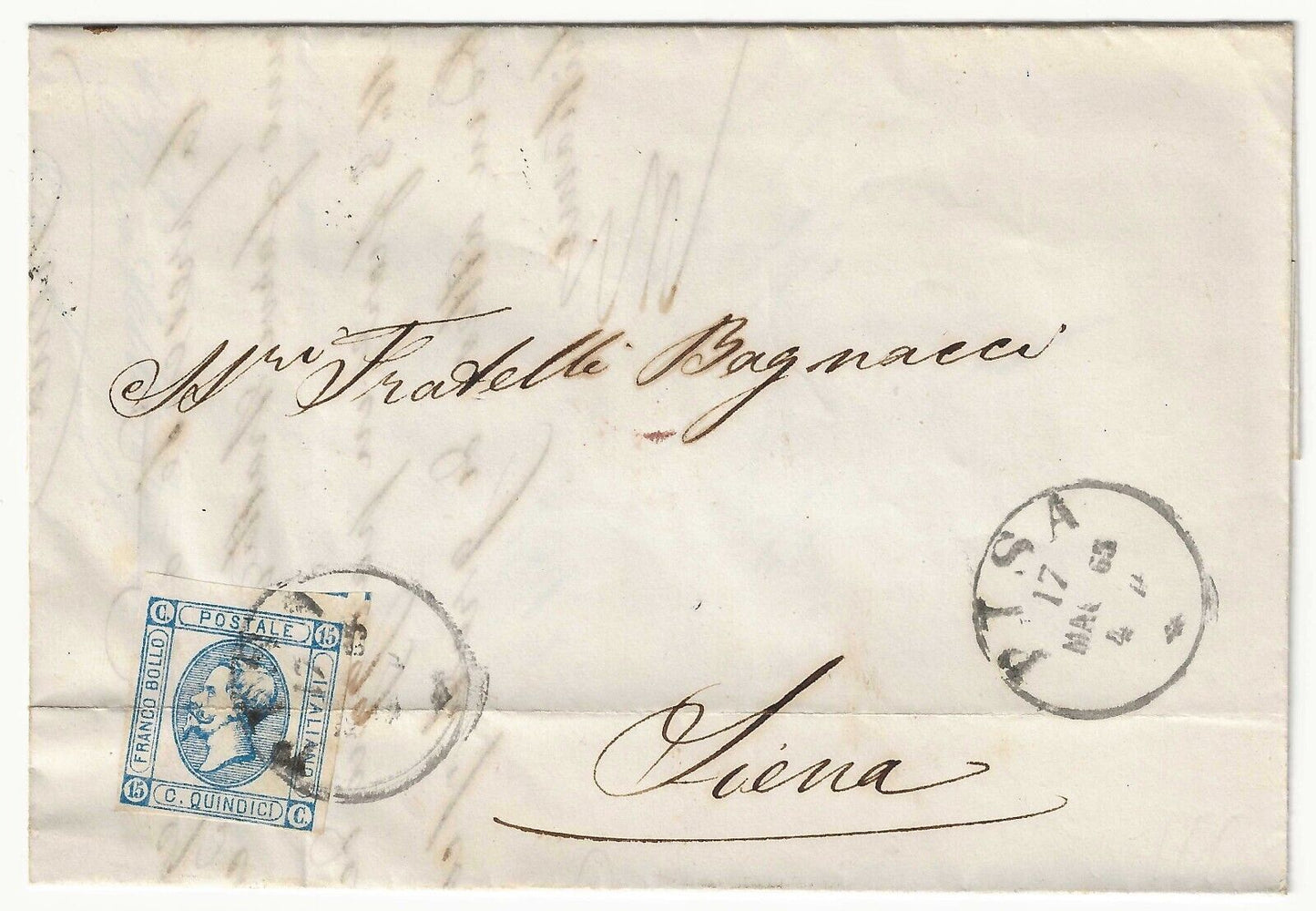 Royaume - 15 cents. 1863 (je tape) sur pli pour Sienne avec oblitération cercle de Pise