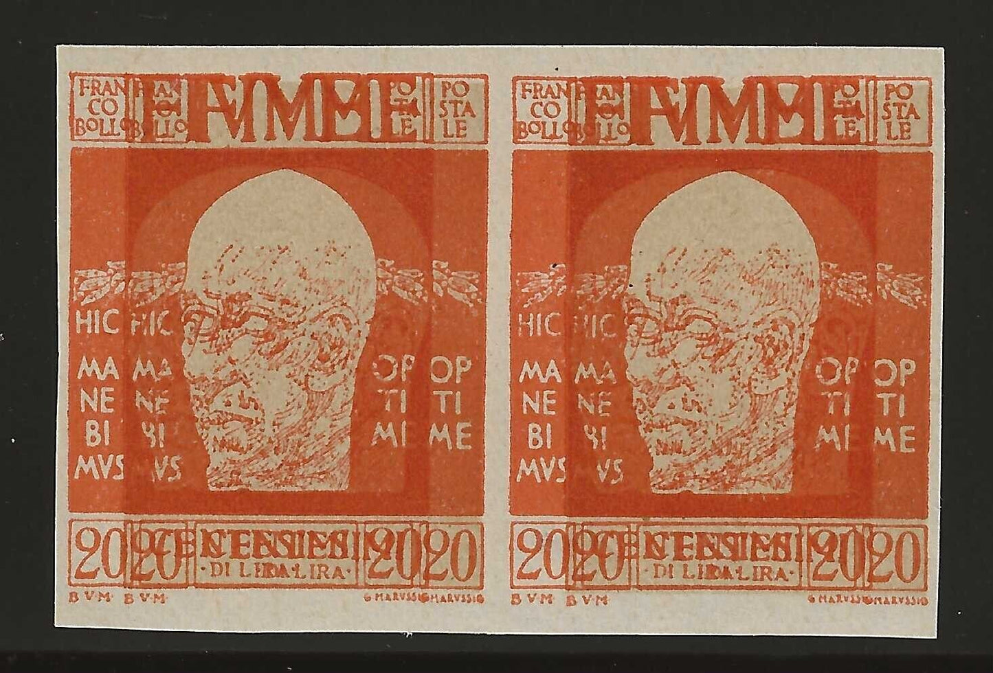 1920 Fiume - 20 c. coppia non dentellata D'Annunzio con doppia stampa MNH**