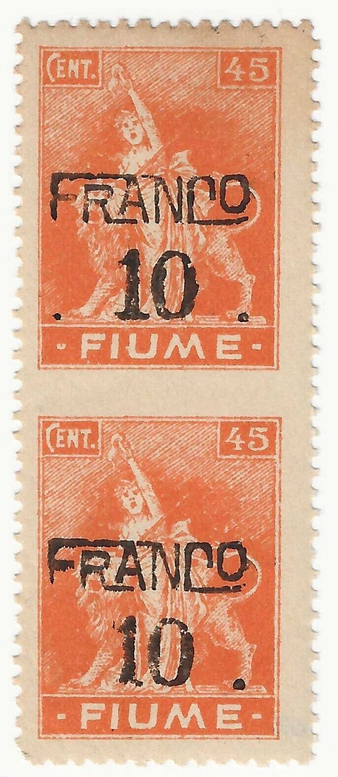 1919/20 Fiume - 10 su 45 c. serie Allegorie coppia non dentellata al centro MH*