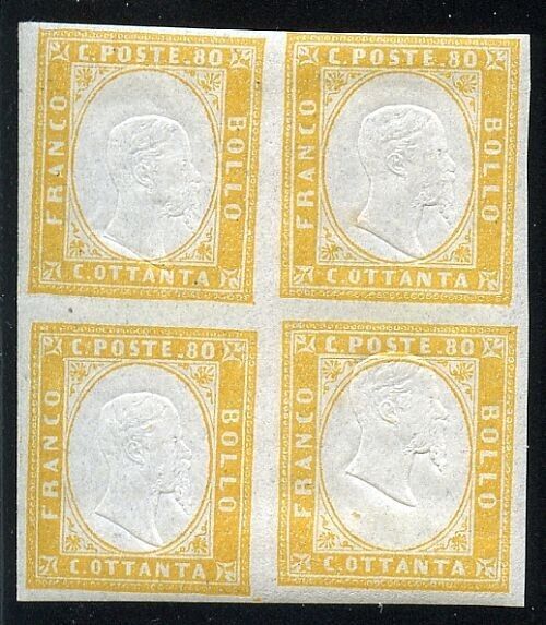 1858 Antichi Stati (Sardegna) - Quartina 80 c. IV emissione giallo arancio MNH**