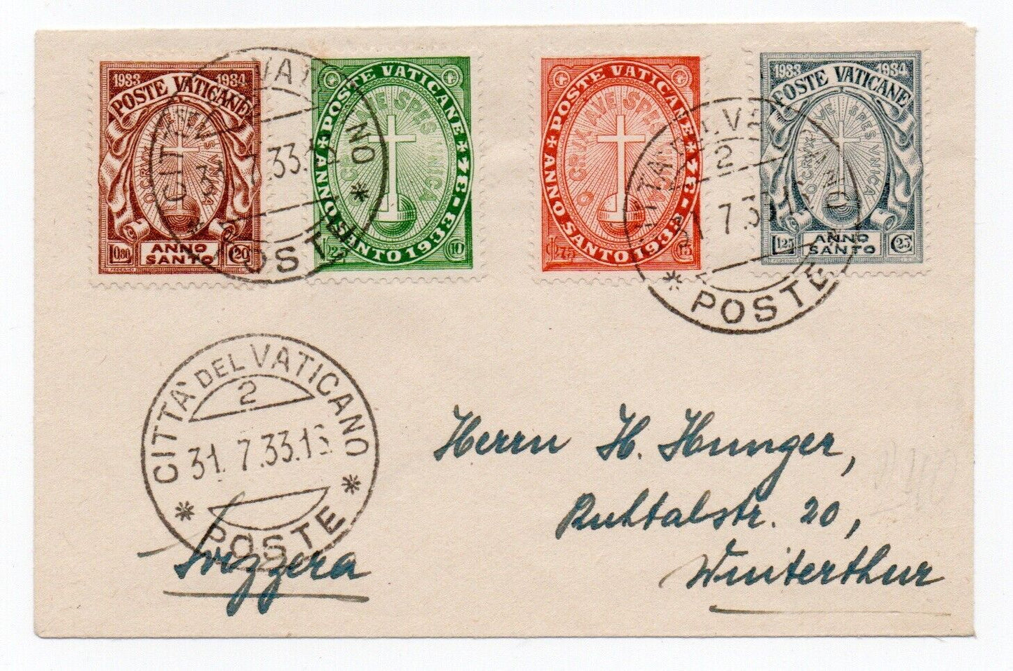 Vaticano - Storia Postale, Val. Anno Santo '33 su busta per Svizzera 31.7.33