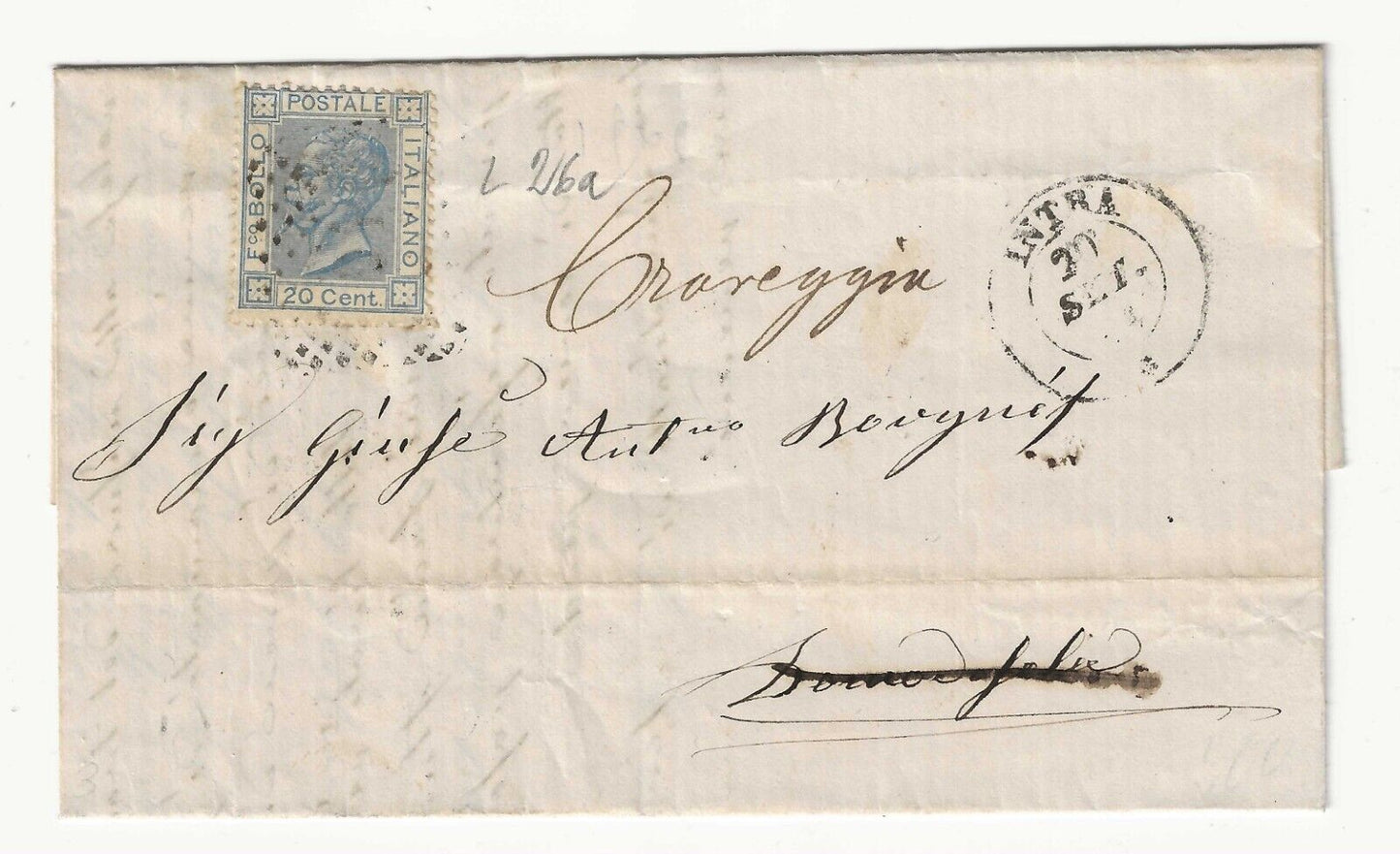 Regno - 20 c. celeste chiaro De La Rue 1867 isolato su piego annullo Intra