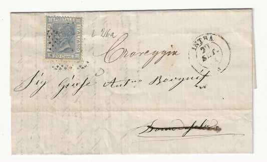 Regno - 20 c. celeste chiaro De La Rue 1867 isolato su piego annullo Intra