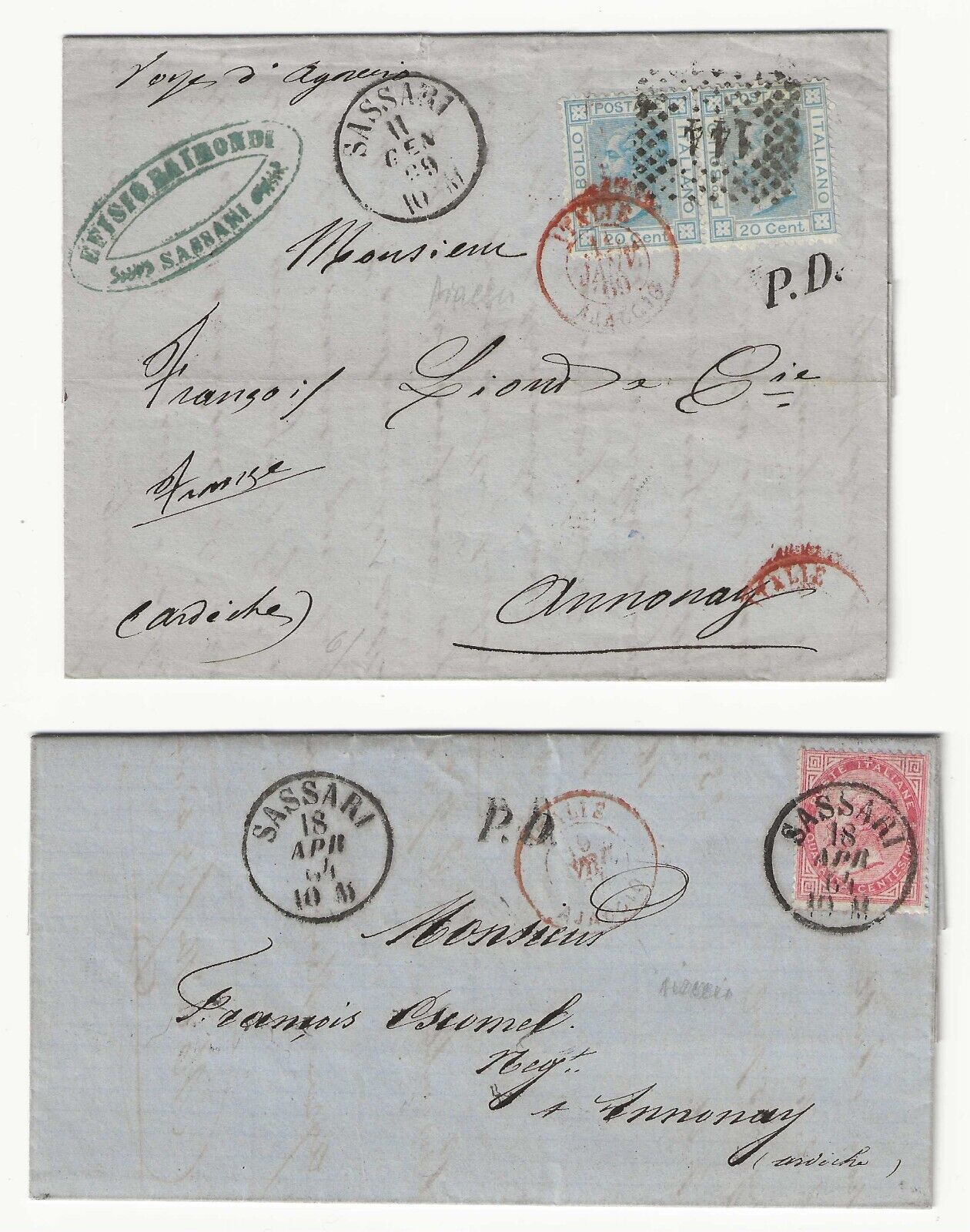 Regno d'Italia - Lettere per Annonay De La Rue 1863 e 1867 con annulli speciali